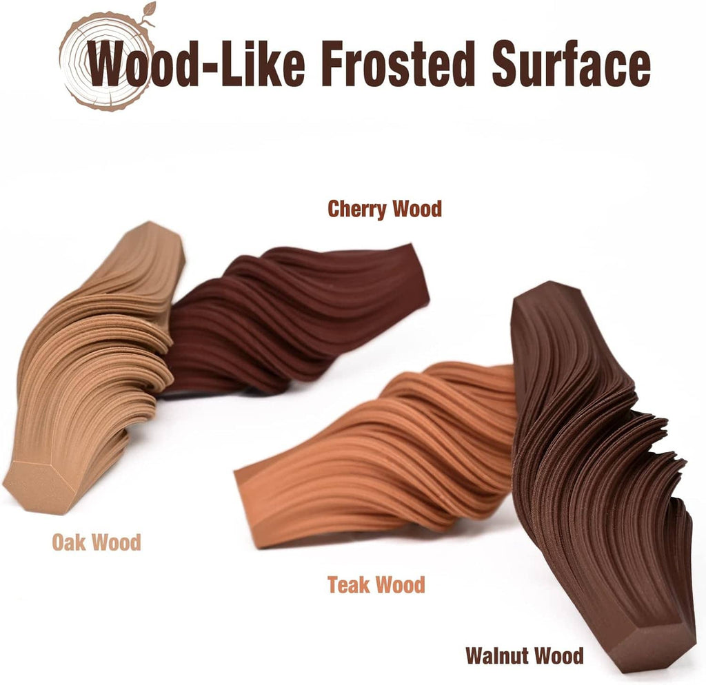 Wood-like frosted PLA filament samples in tan, cherry red, teak orange, and walnut brown