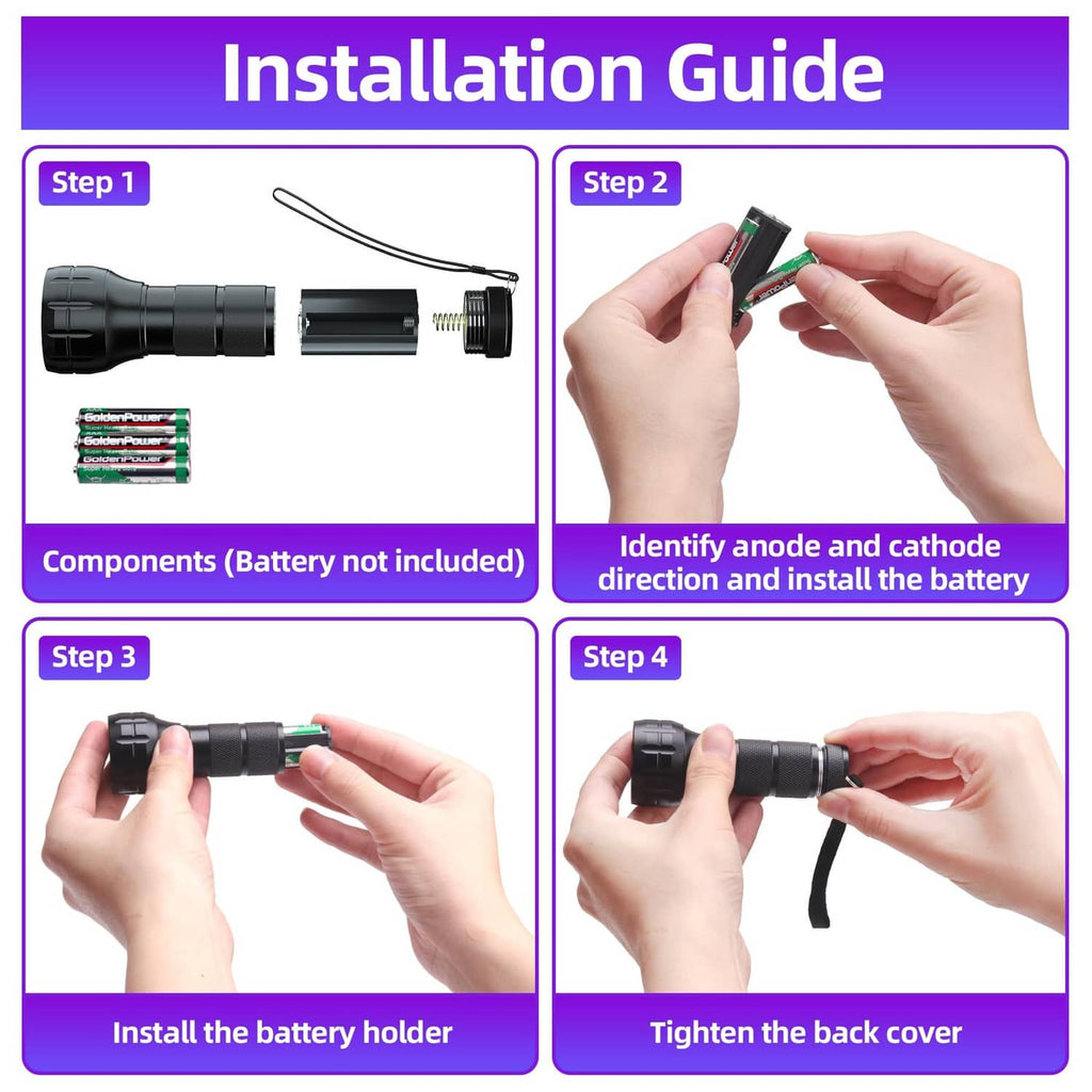 UV leak detector kit installation steps showing battery holder and flashlight assembly