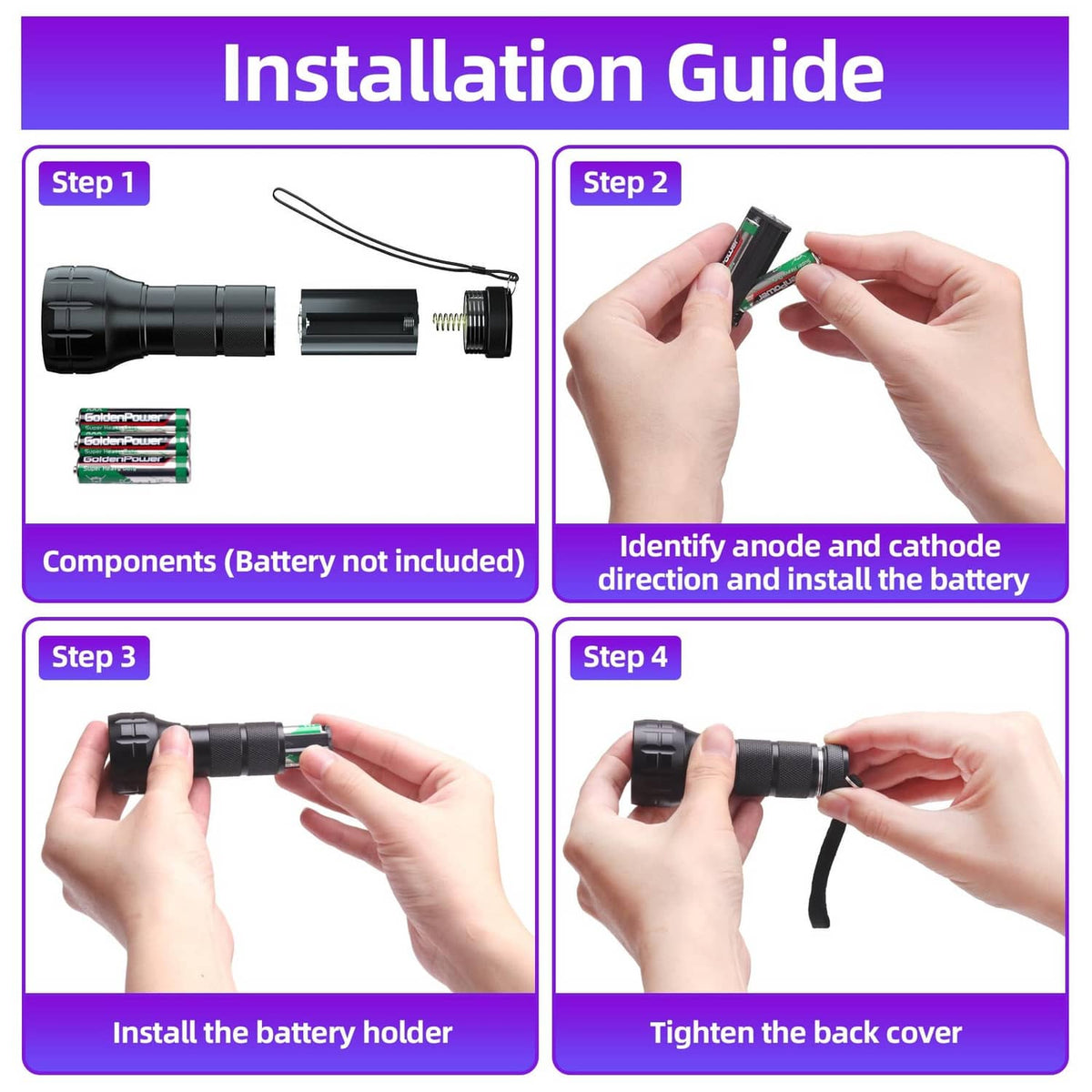 UV leak detector kit installation steps showing battery holder and flashlight assembly