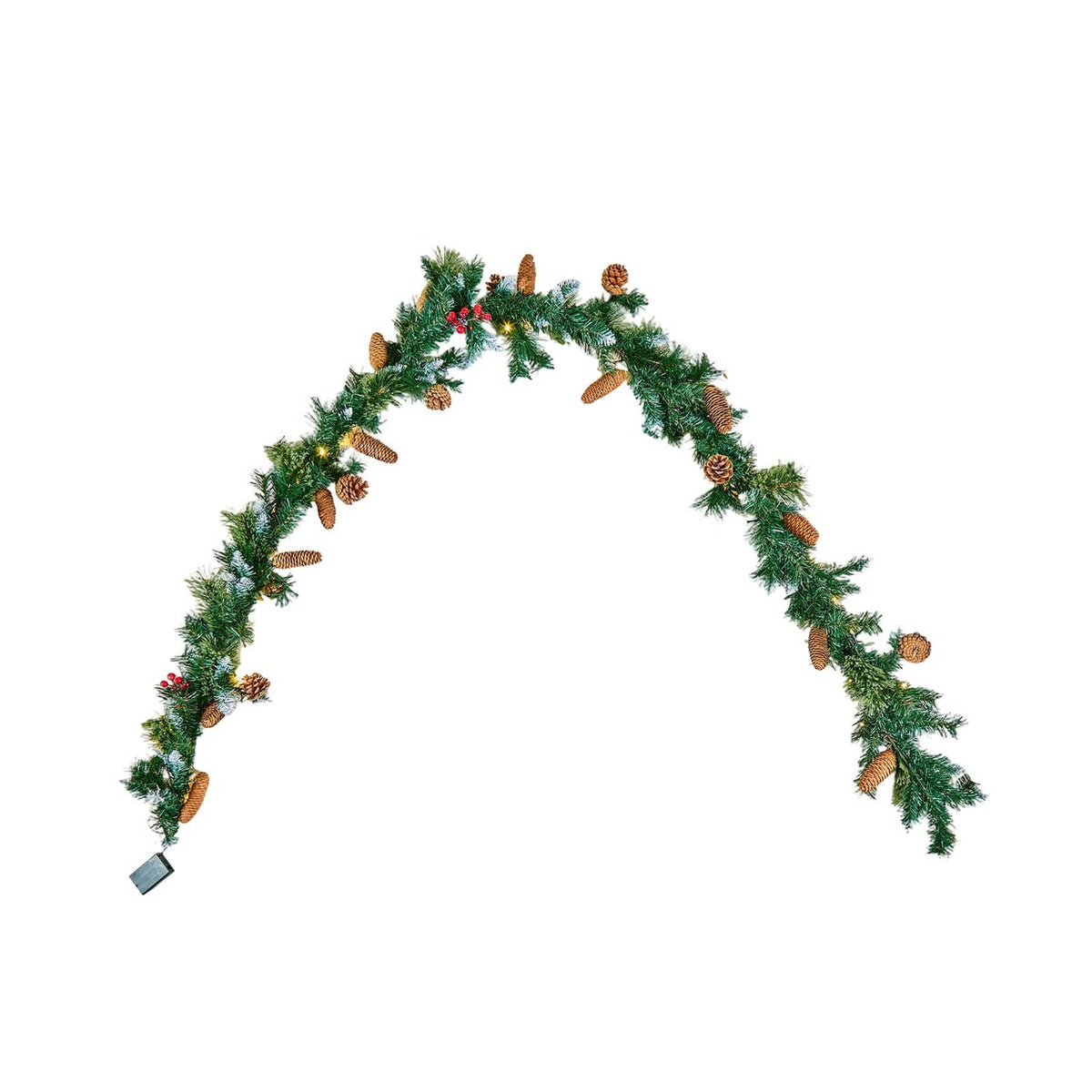 Pre-lit Christmas garland arc with green pine needles, pinecones, red berries, and warm lights