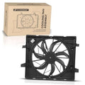 Black radiator cooling fan assembly with shroud and mounting tabs, front view
