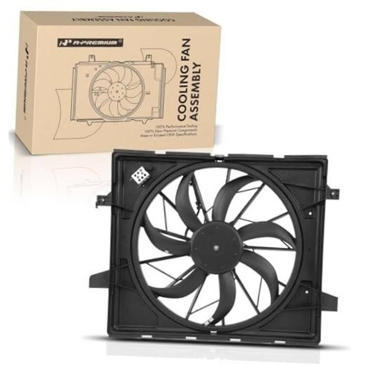 Black radiator cooling fan assembly with shroud and mounting tabs, front view