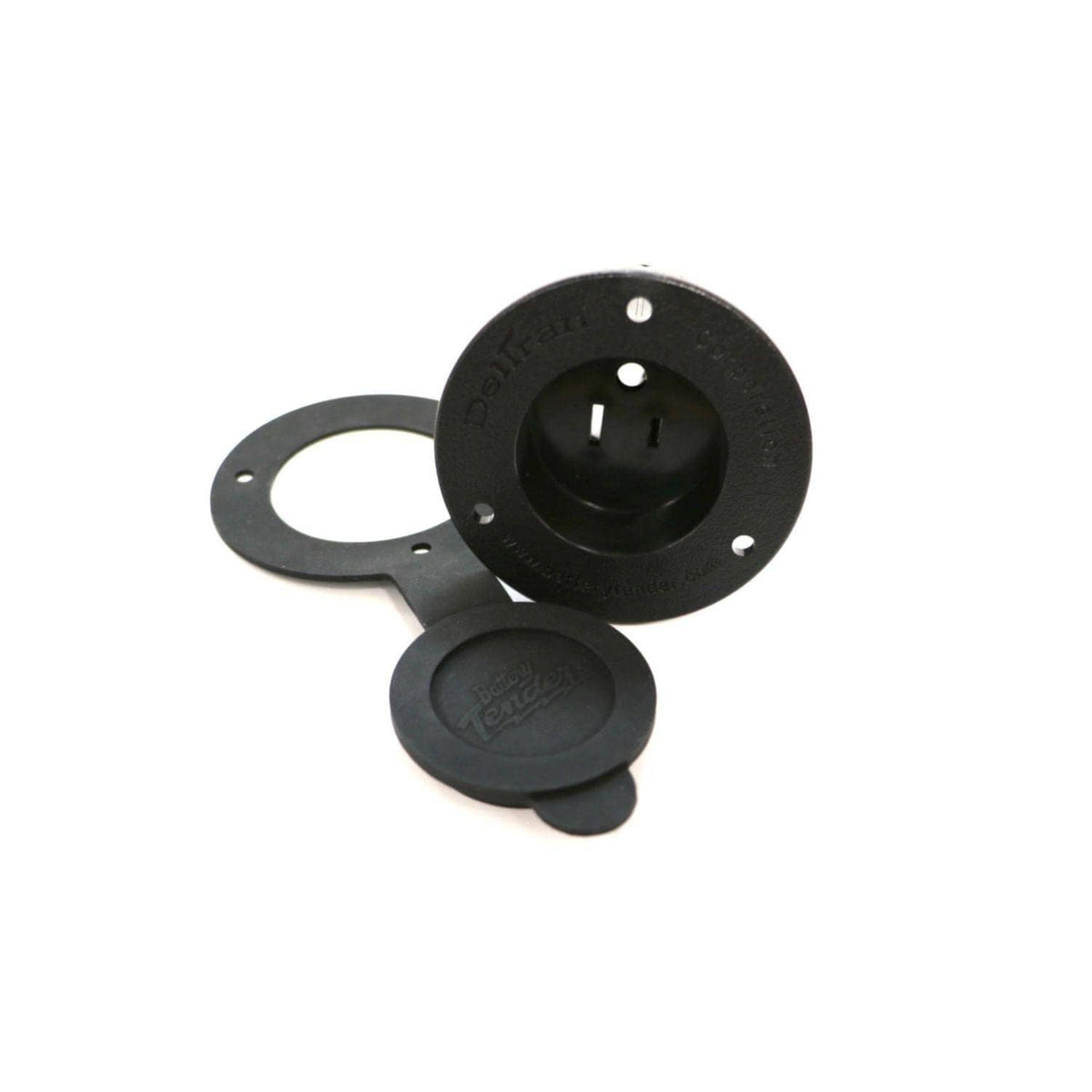 Black AC power port receptacle with open hinged cap and round mounting plate