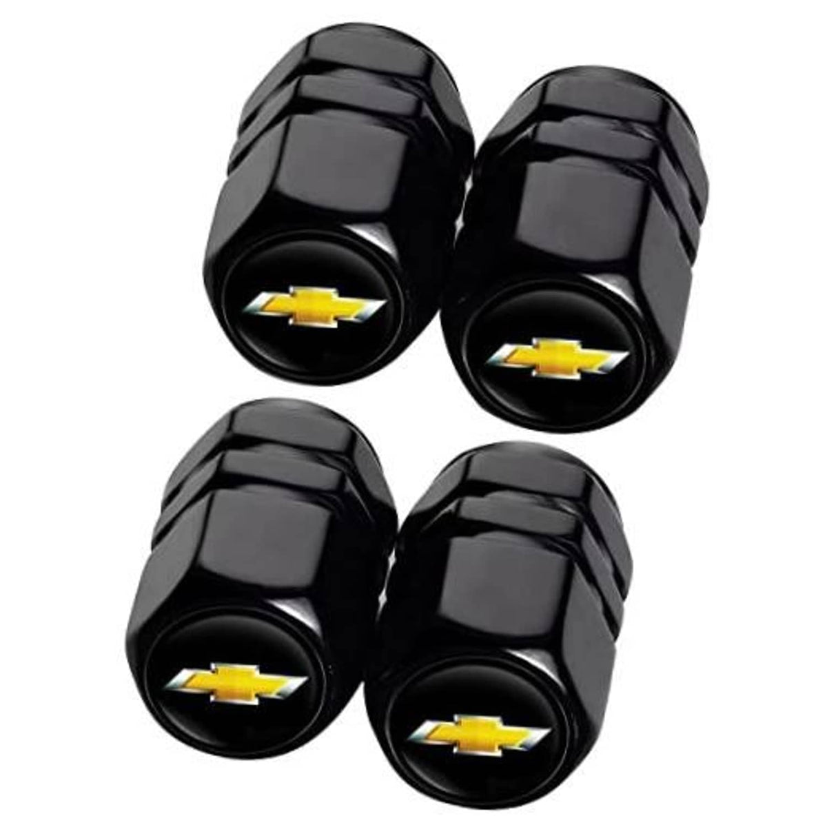 Set of four black tire valve stem caps with gold Chevrolet bowtie logo