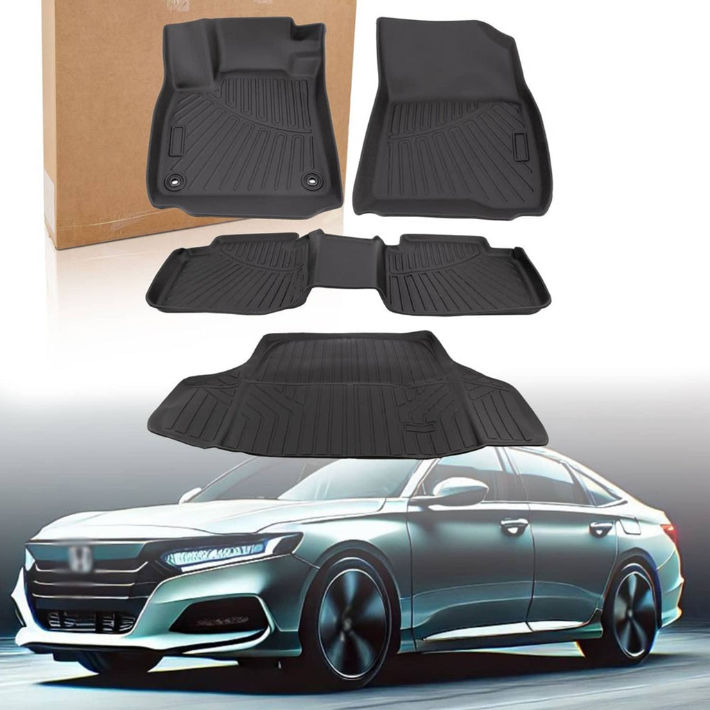 Black cargo liner floor mat set, including two front mats, center mat, and large trunk liner