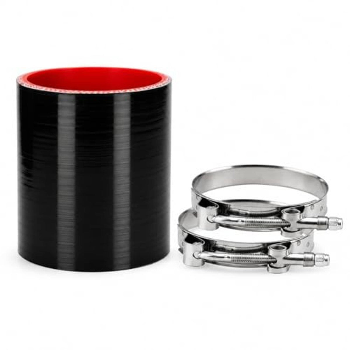 Straight silicone hose coupler set: black hose with red inner and two steel clamps