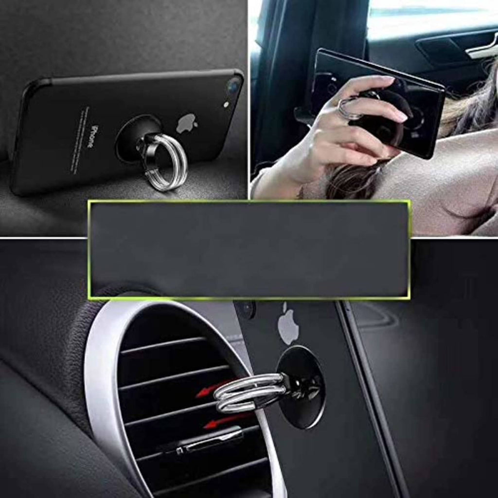Car dashboard phone ring holder with silver finger loop attached to a smartphone