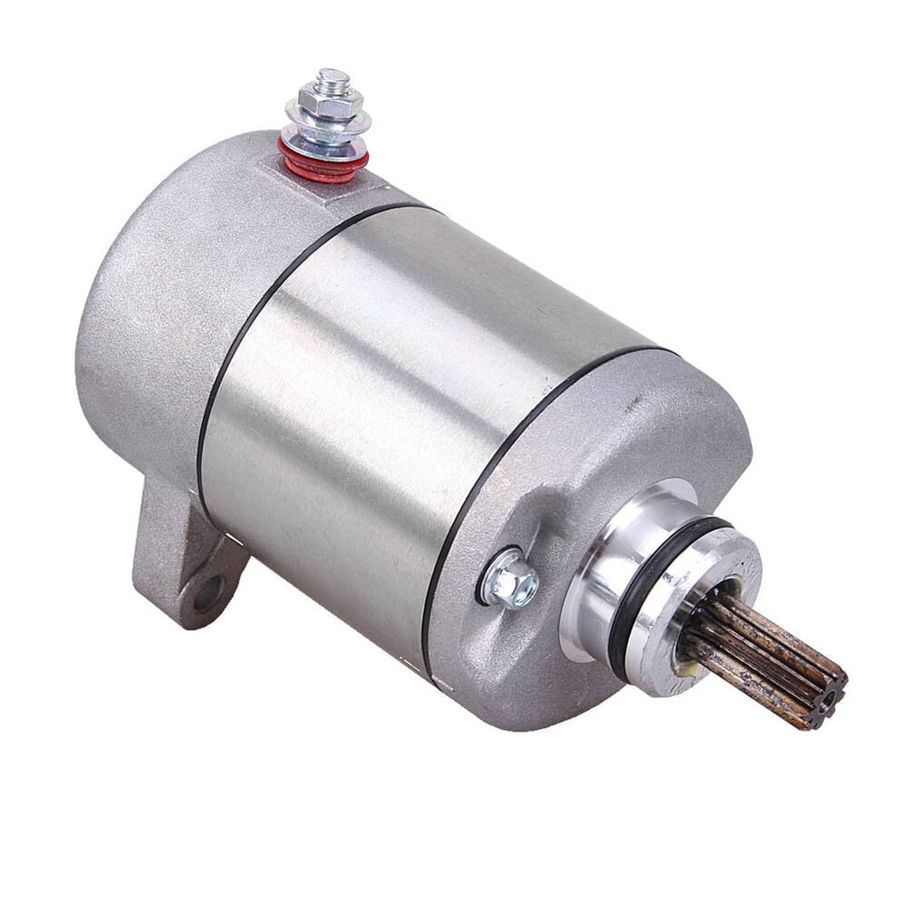 Silver starter motor with mounting bracket, electrical terminal, and output shaft