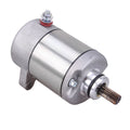Silver starter motor with mounting bracket, electrical terminal, and output shaft