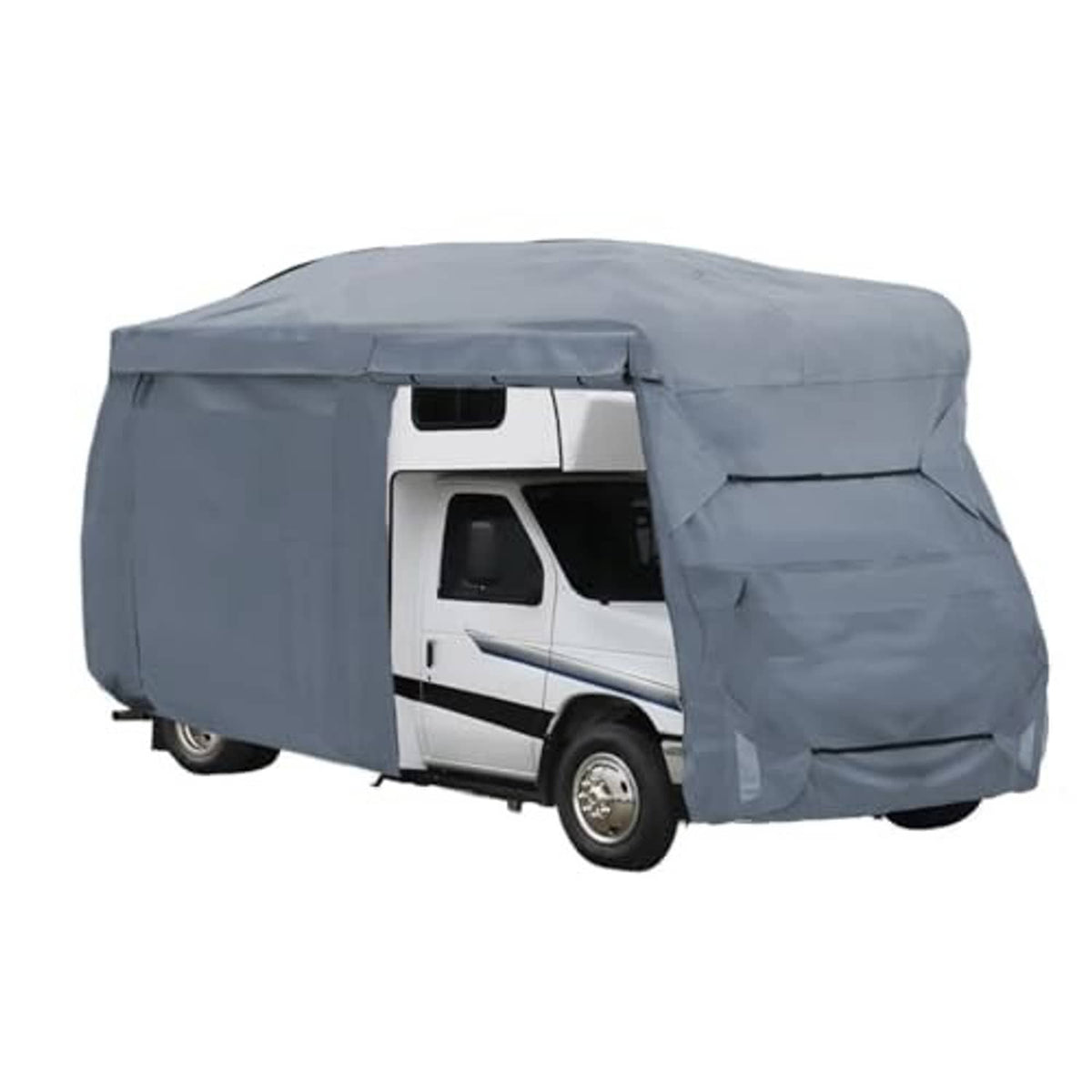 Gray RV cover with front opening over vehicle cab and adjustable straps