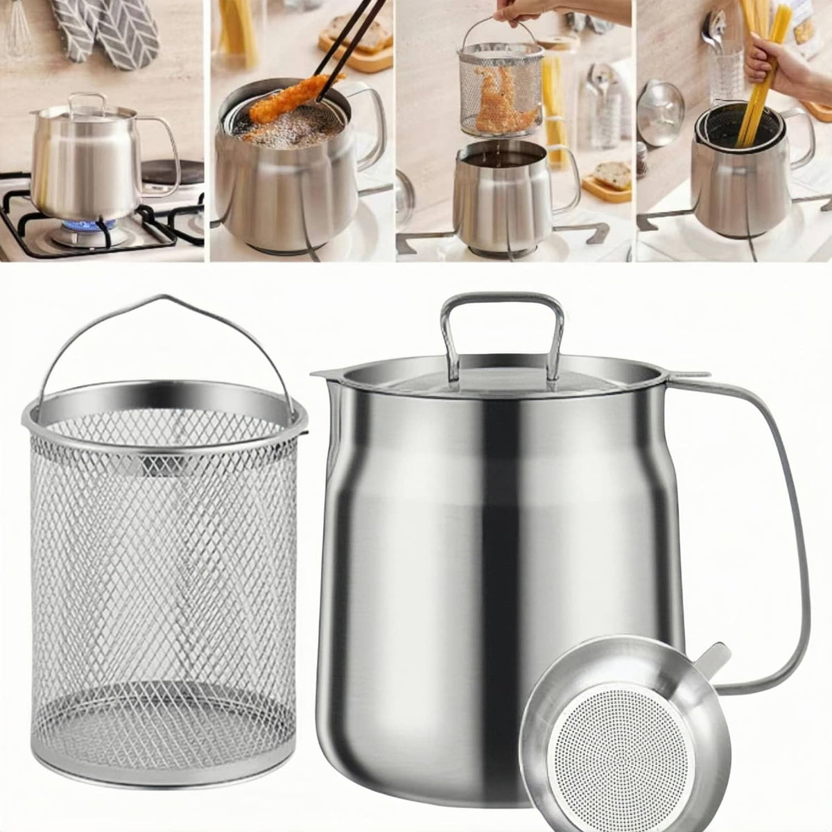 Stainless deep fryer pot with wire basket and side handles for frying and draining