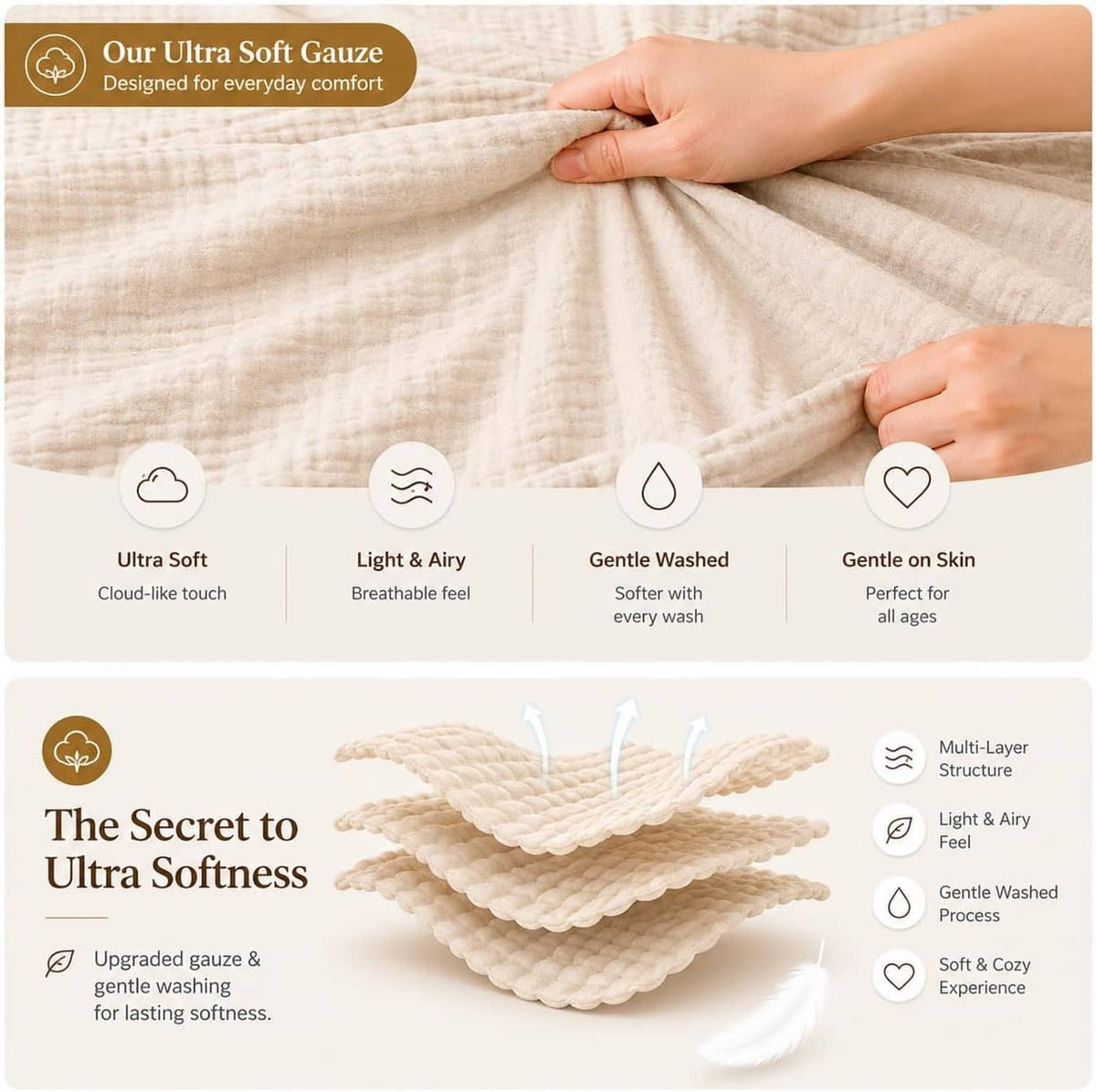 Cream gauze muslin blanket with hands holding the fabric; soft texture detail.