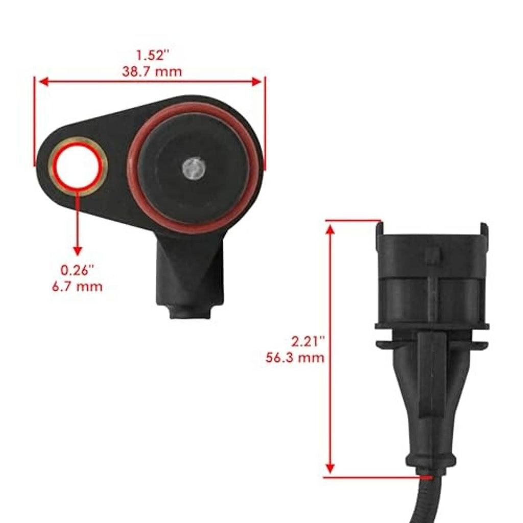 Crank position speed sensor dimension diagram with mounting tab and connector