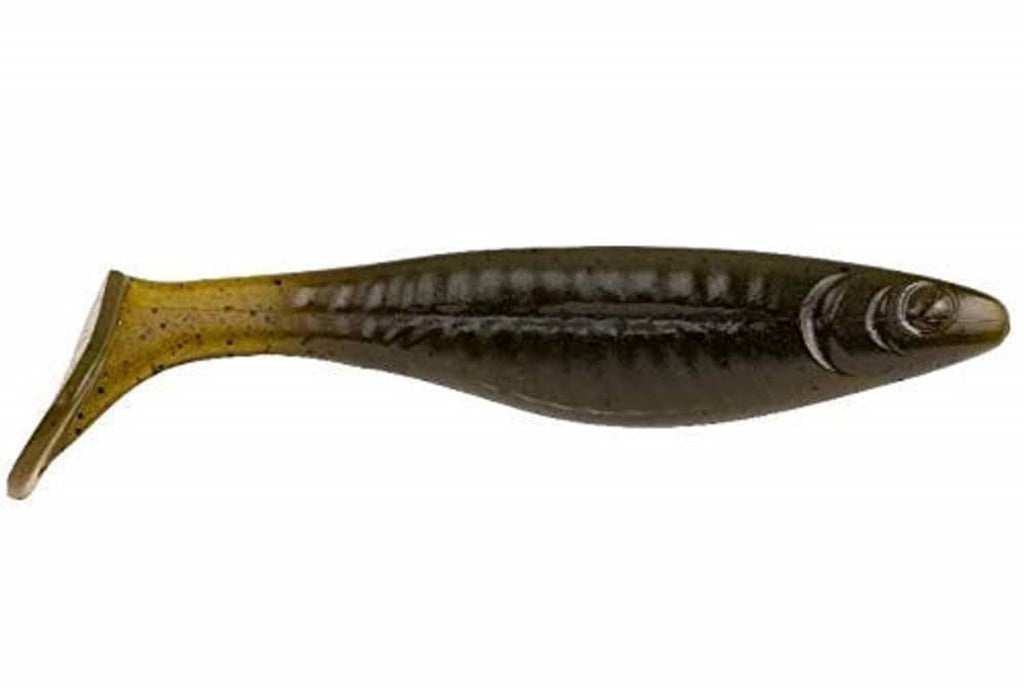 Olive-green shad-style soft fishing lure with ribbed body and wide tail