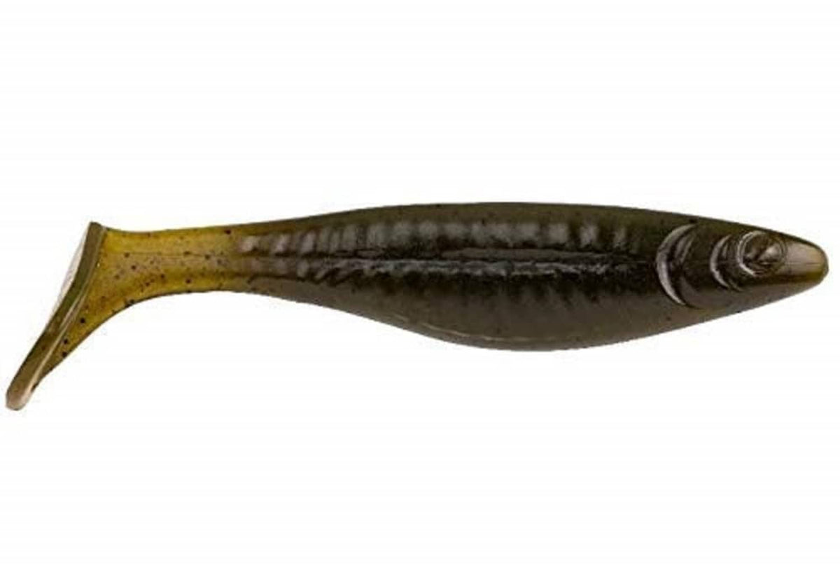 Olive-green shad-style soft fishing lure with ribbed body and wide tail