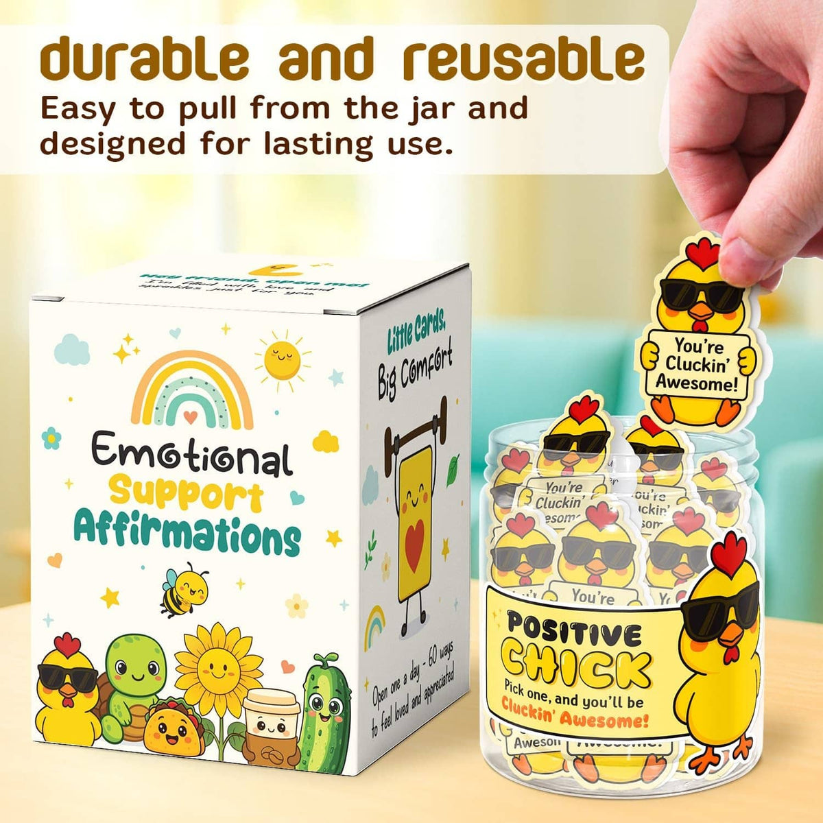 Chicken affirmation note jar with black lid, plus illustrated box and heart stickers
