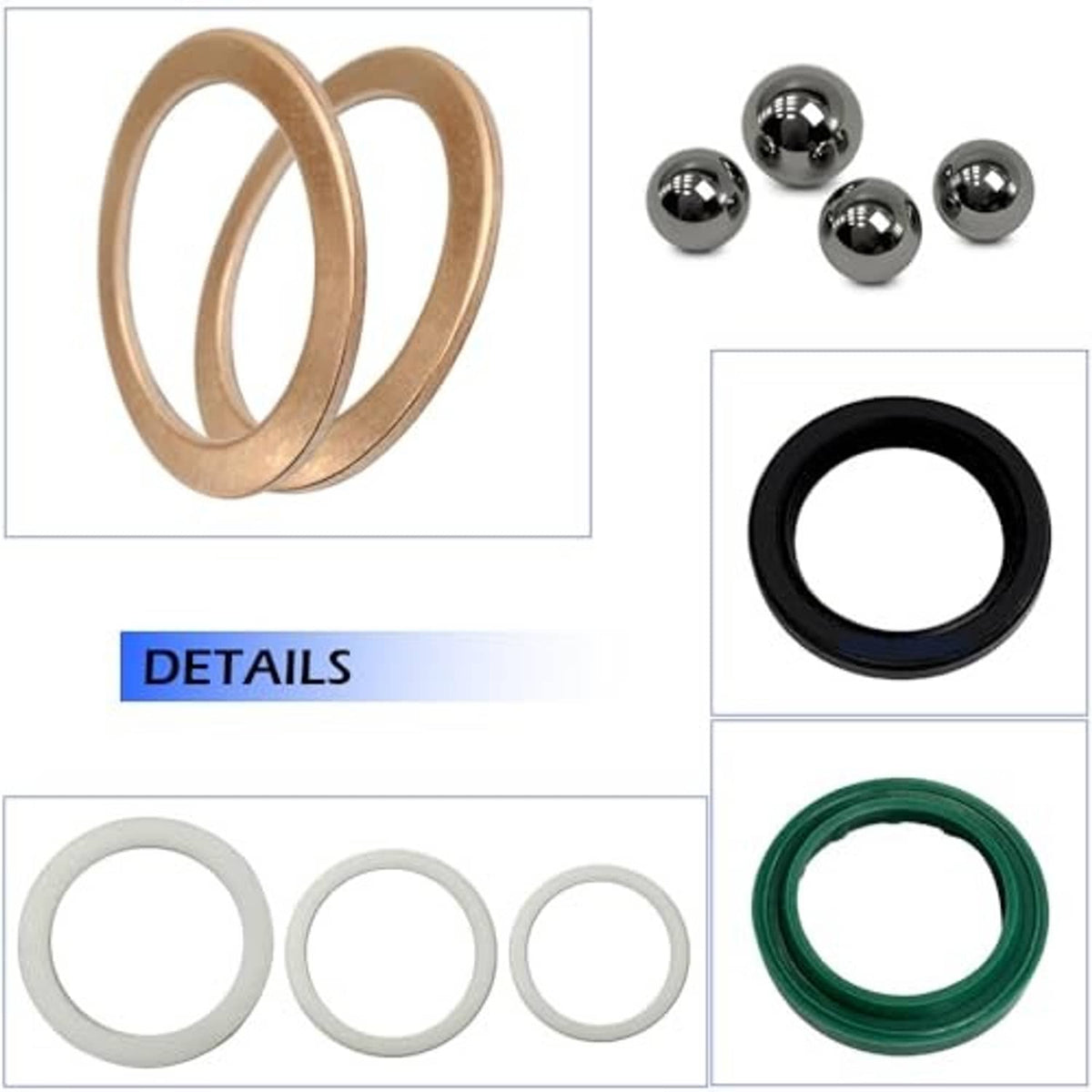 Hydraulic floor jack seals kit close-up: tan and black O-rings and metal balls