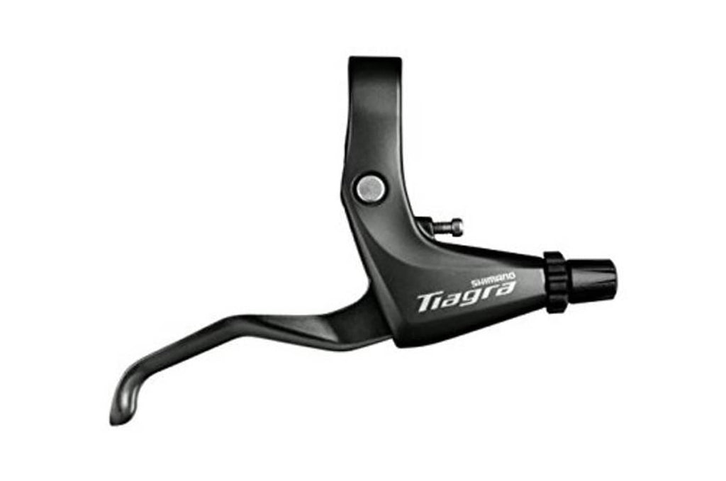Shimano Tiagra brake lever, black, front-side view with logo and hood