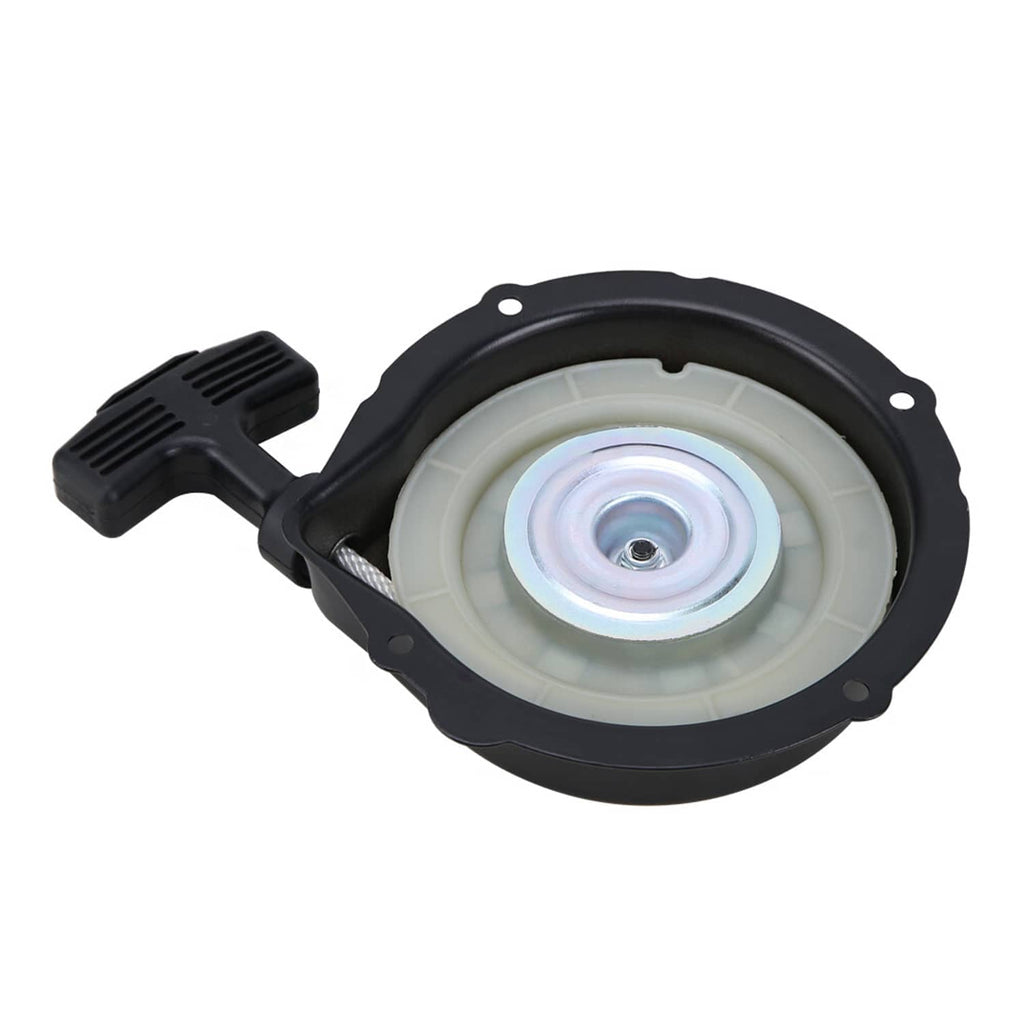 Recoil starter pull start kit with black pull handle and light recoil pulley in housing
