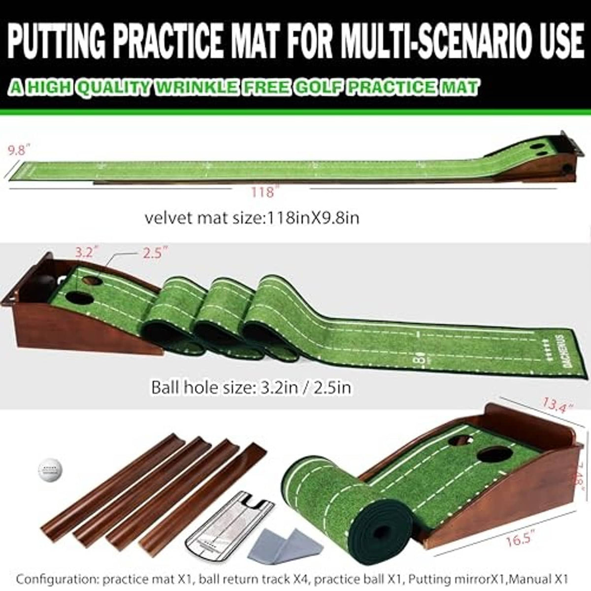 Green golf practice putting mat with wooden base and curved ball-return track