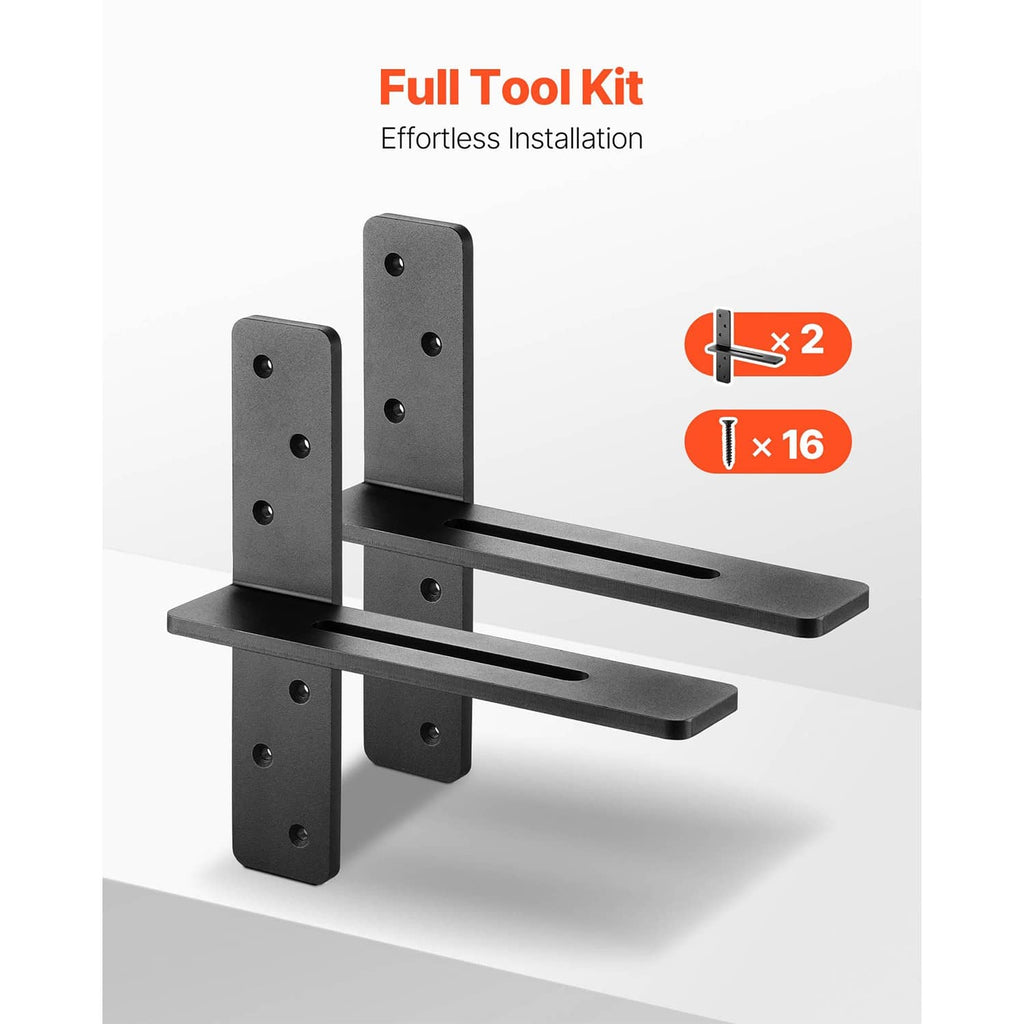 Matte black floating shelf brackets set with mounting screws and two back plates