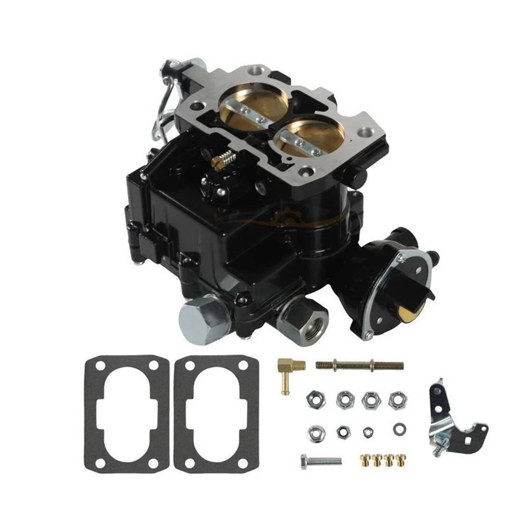 Marine carburetor with choke, top and side view with mounting gaskets and bolts