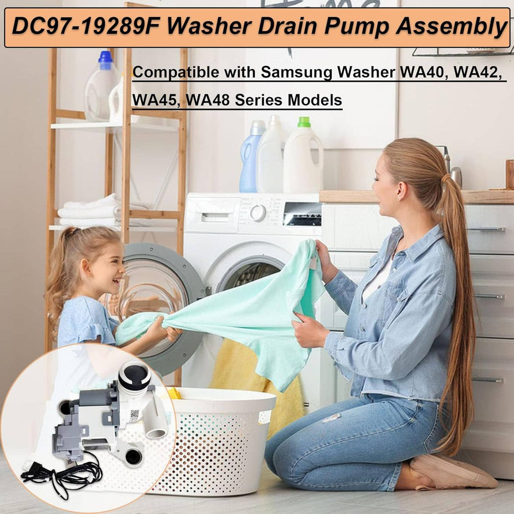 Washer drain pump assembly with hose fitting and wiring harness (close-up inset)