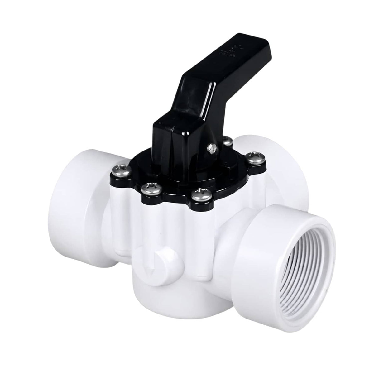 FibroPool 3-way pool diverter valve with white CPVC body and black rotating handle