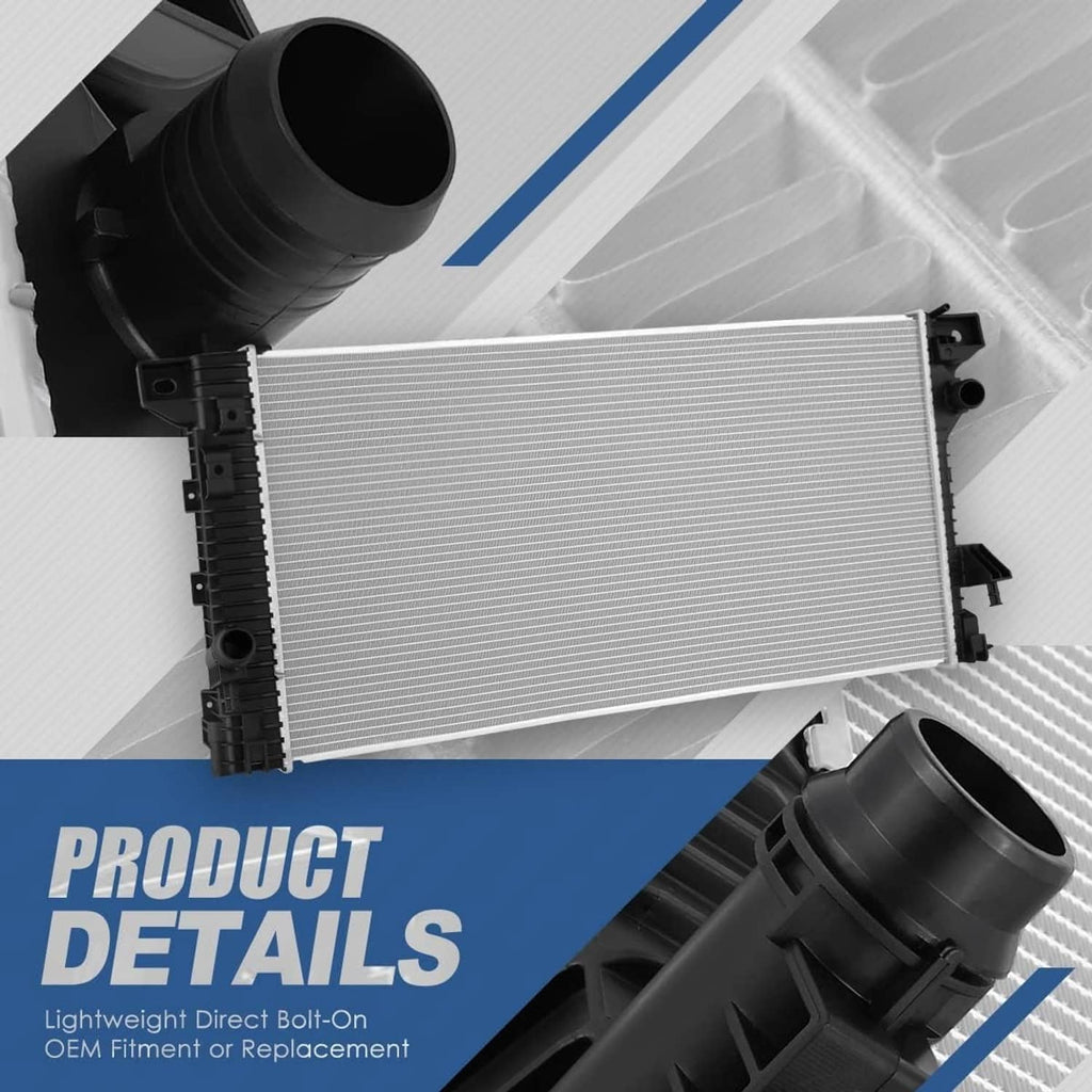 Vehicle radiator with black inlet hose and outlet necks beside aluminum cooling core