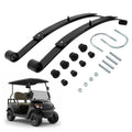 Two black rear leaf springs with black bushings and silver mounting hardware kit