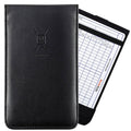 Black leather golf scorecard holder with yardage book pocket and clasp logo