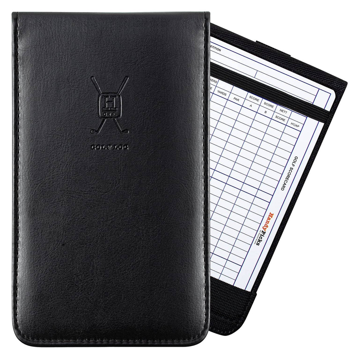 Black leather golf scorecard holder with yardage book pocket and clasp logo