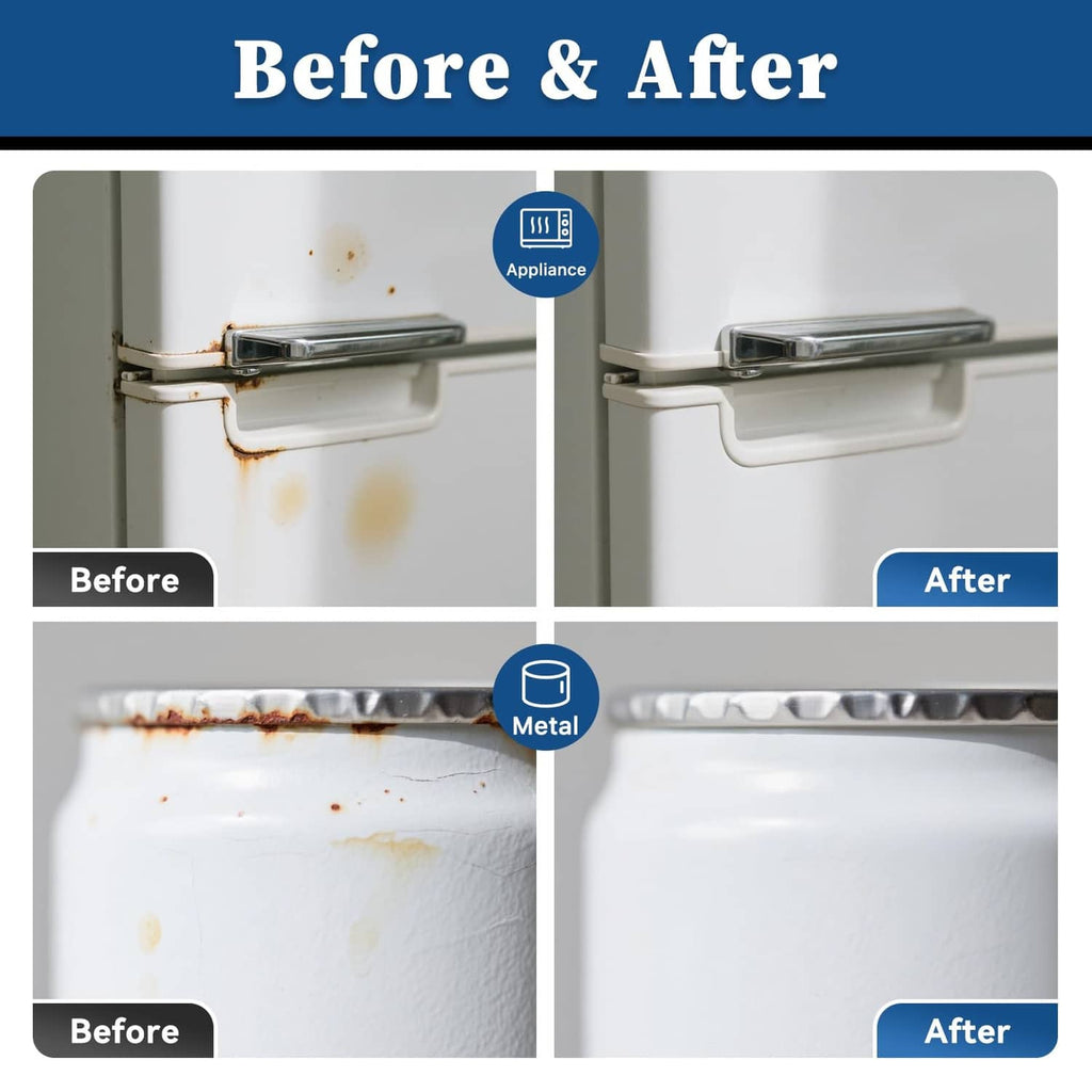 Before-and-after repair of a metal appliance with white touch up paint