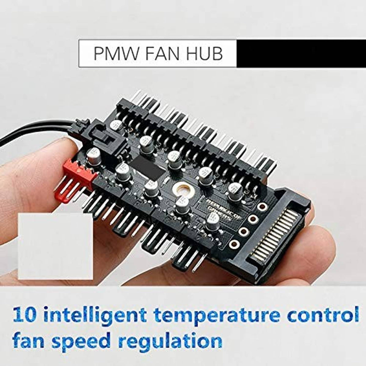 PC fan hub PCB held in hands with multiple pin headers and 12V PWM controls