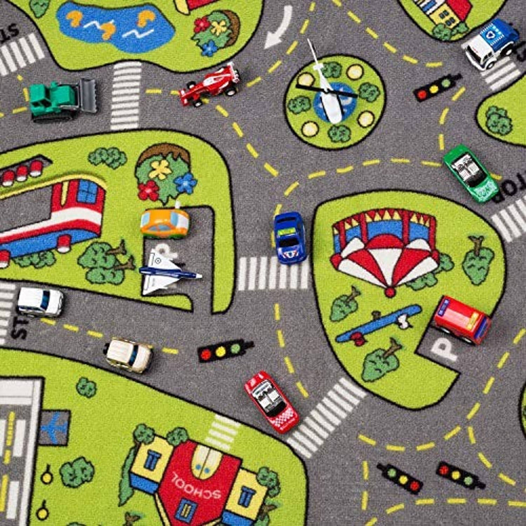 Kids city playmat rug top view with cars, bus, traffic lights, and road crossings pattern