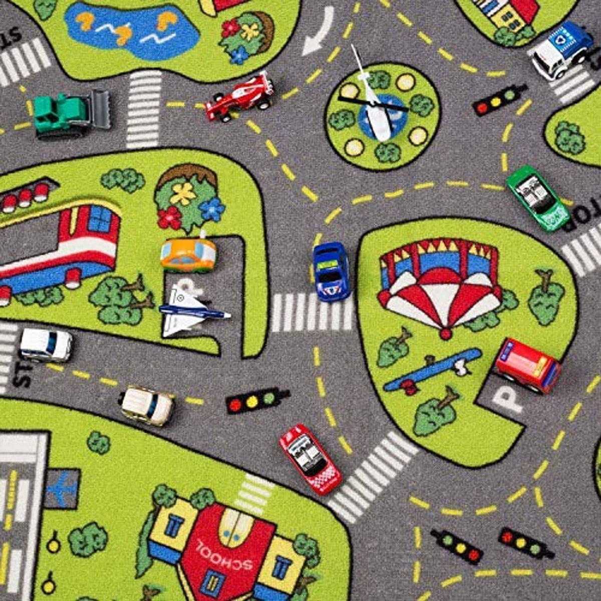 Kids city playmat rug top view with cars, bus, traffic lights, and road crossings pattern