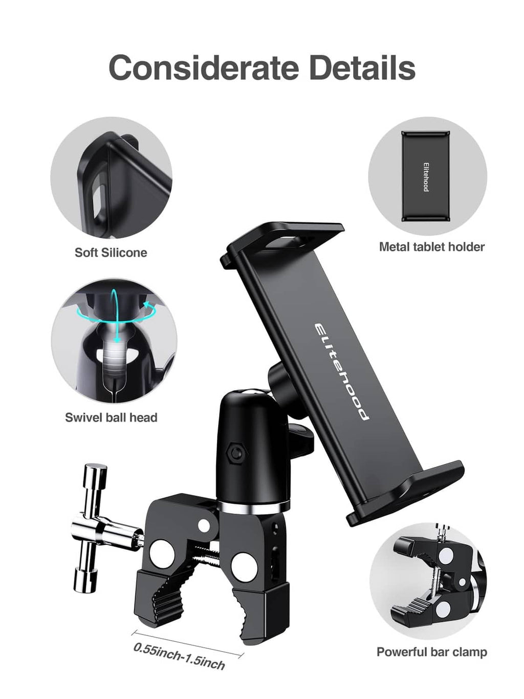 Black metal tablet holder with swivel head and bar clamp for mic stand