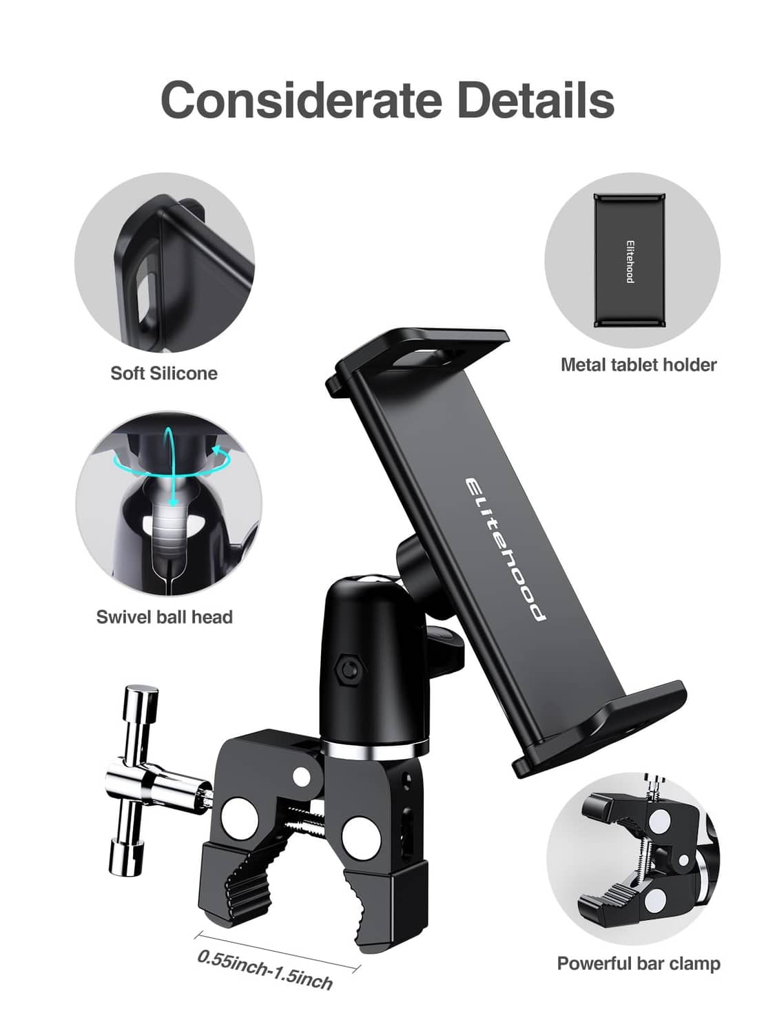 Black metal tablet holder with swivel head and bar clamp for mic stand