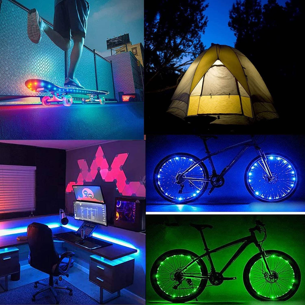 RGB LED strip lights glowing blue, green, purple, and red in multiple scenes