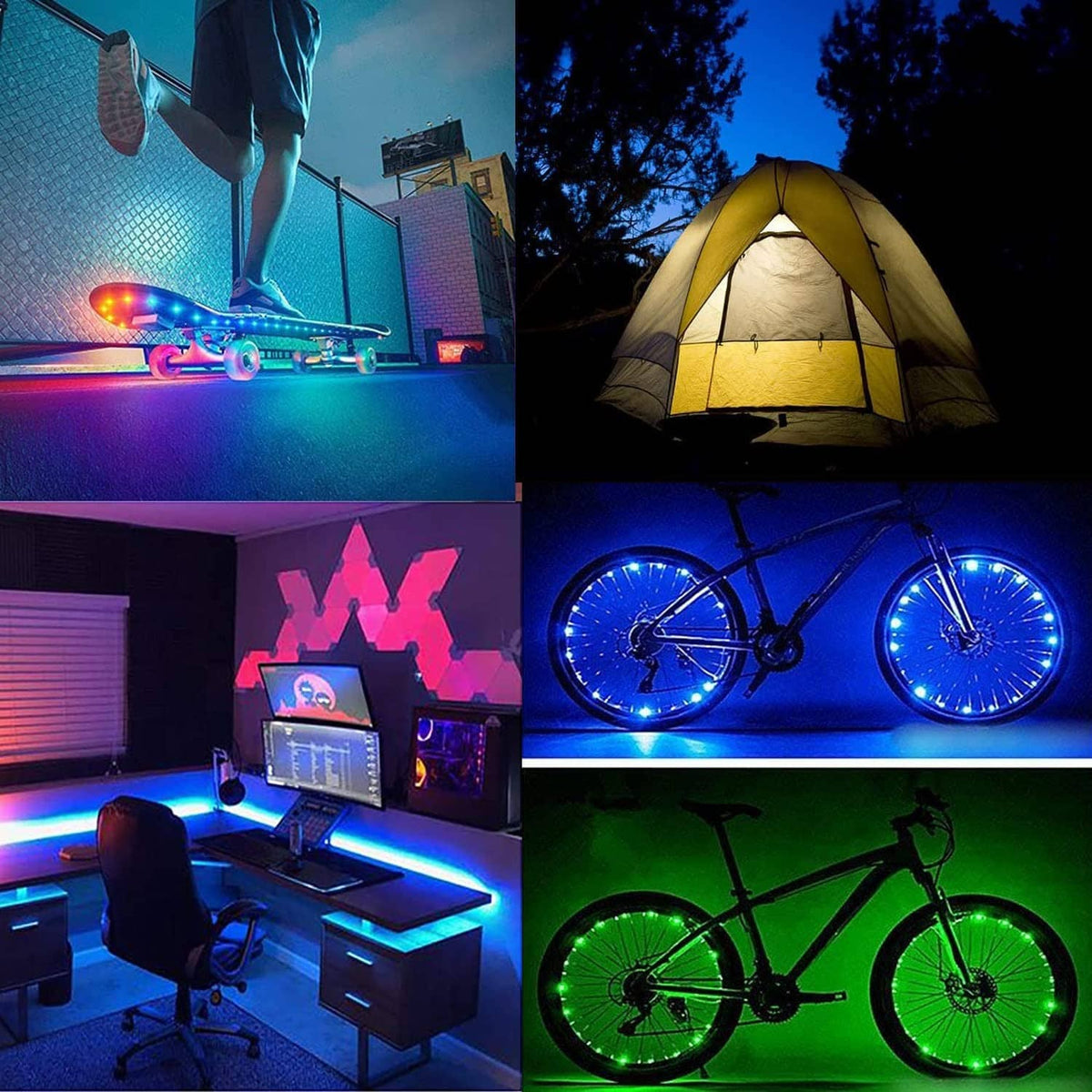 RGB LED strip lights glowing blue, green, purple, and red in multiple scenes