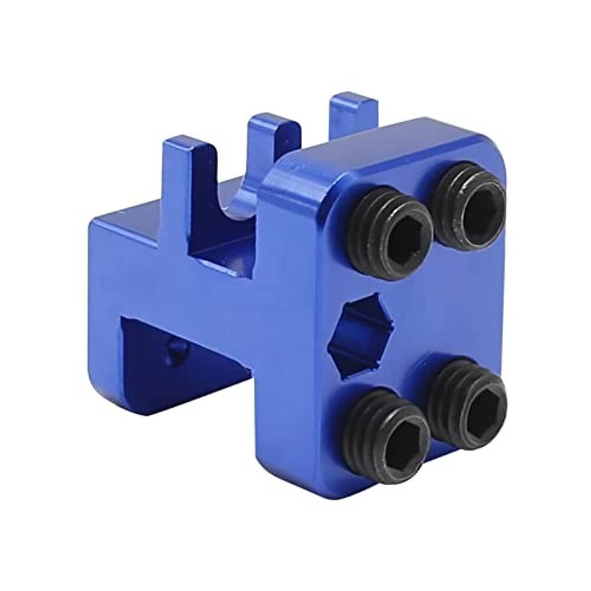 Blue motorcycle chain link press tool with four black roller ends and forked base