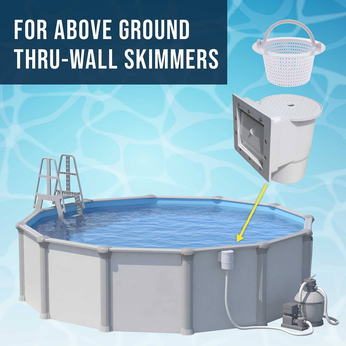 Above-ground thru-wall skimmer basket set with mounting fitting and handle