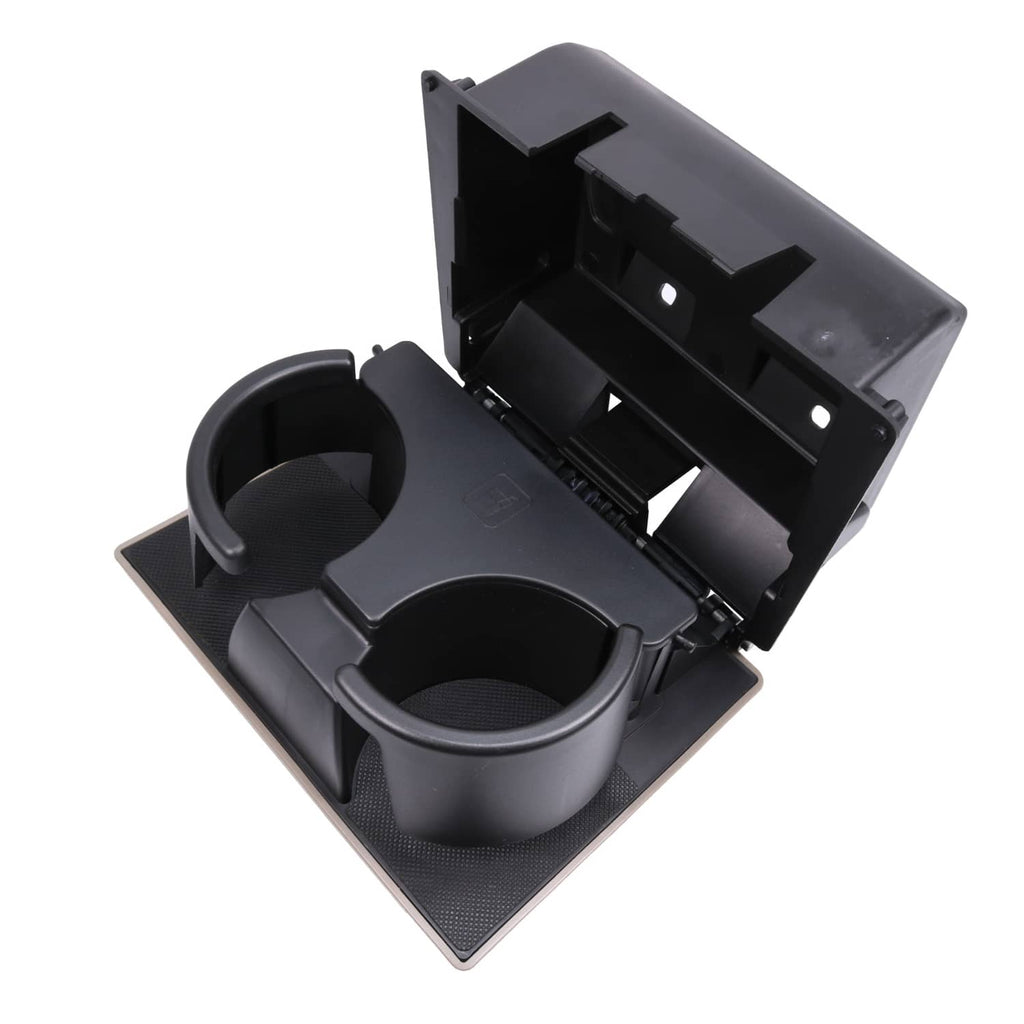 Black dashboard cup holder insert open with two circular cup wells and vents