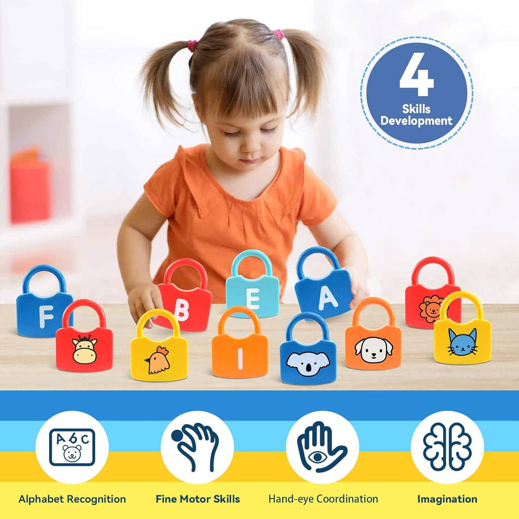 Alphabet lock set with bright letter and animal padlocks, played by a young child