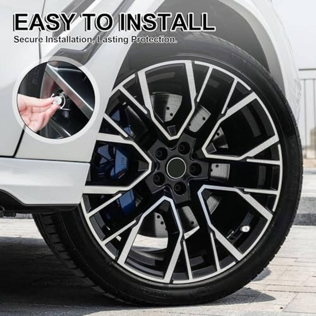 Rhinestone tire valve stem cap on wheel, white crystal cap with black valve opening
