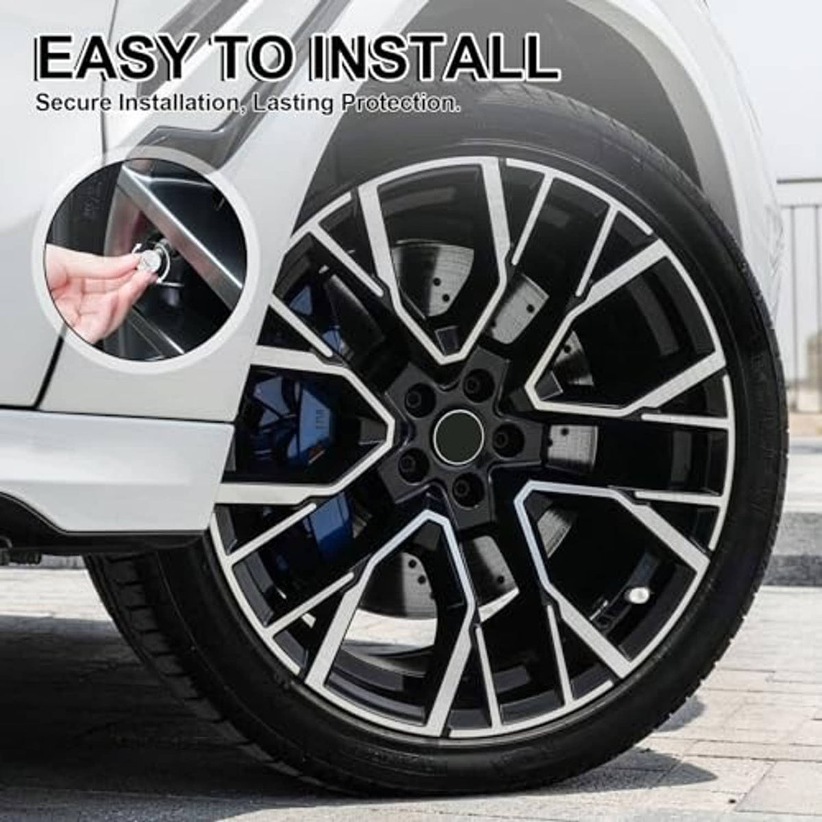 Rhinestone tire valve stem cap on wheel, white crystal cap with black valve opening