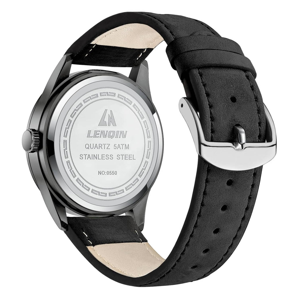 Mens analog watch side view with black leather strap and silver metal case, black bezel