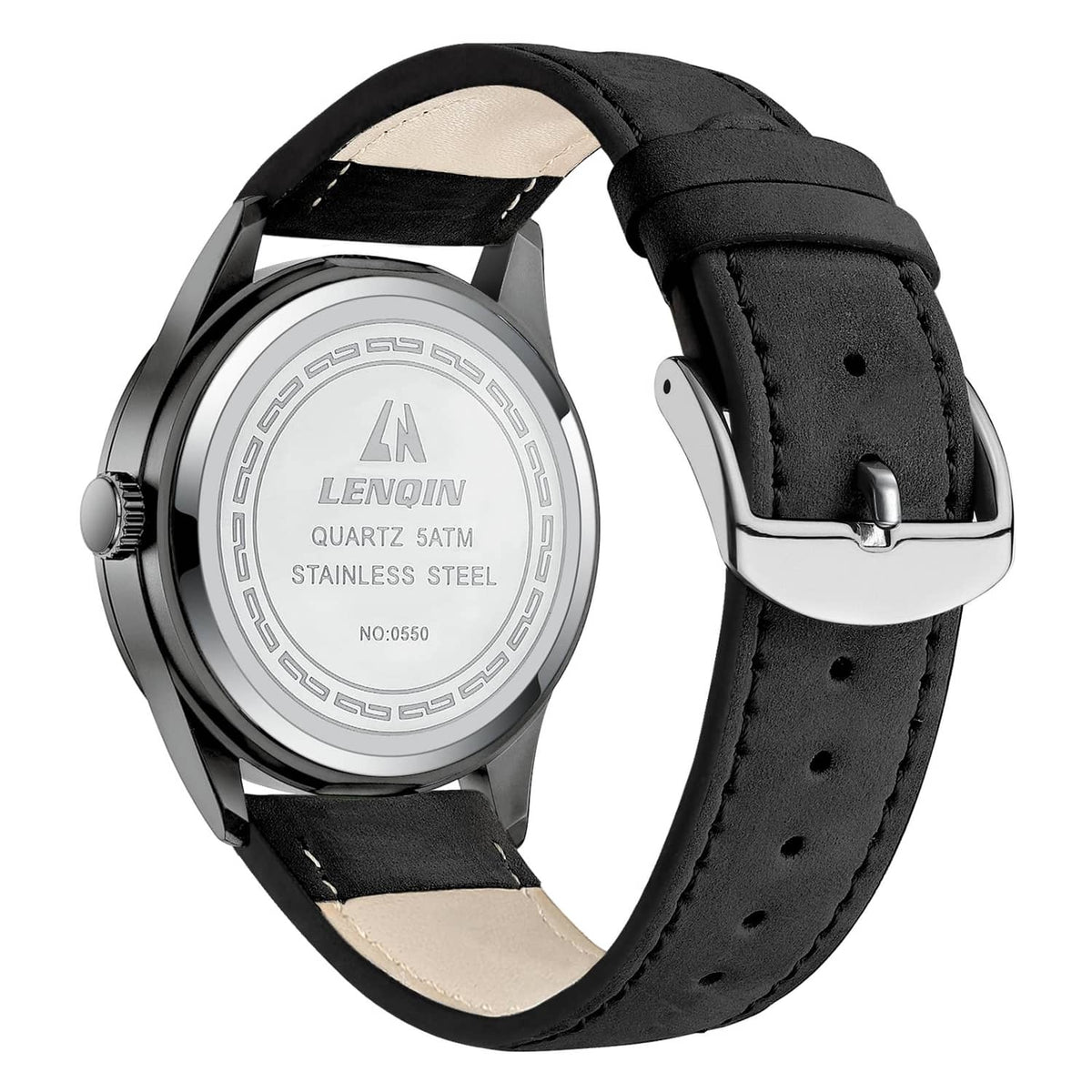 Mens analog watch side view with black leather strap and silver metal case, black bezel