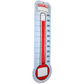 Wall thermometer goal chart with red liquid column and blue percentage scale