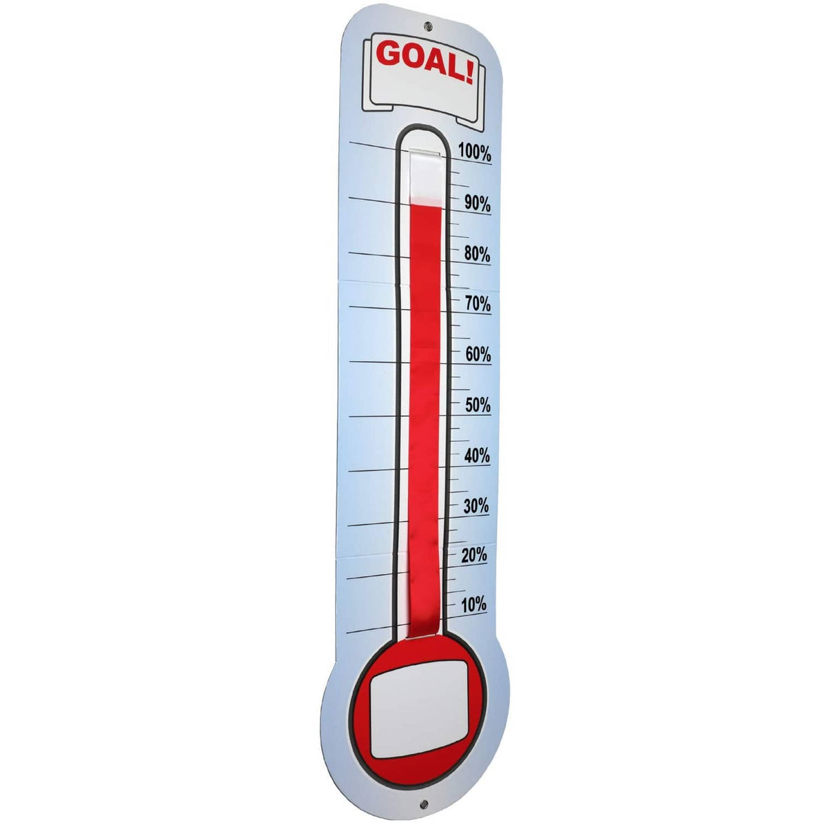 Wall thermometer goal chart with red liquid column and blue percentage scale